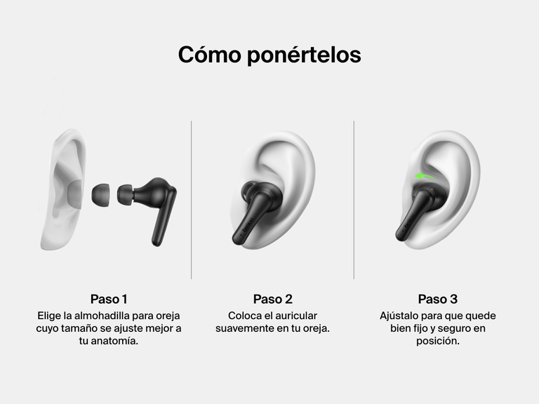 Imagen que explica cómo llevar puestos los auriculares ANC Belkin SoundForm Rhythm en tres pasos: elegir el tamaño correcto de almohadilla para oreja, insertar ambos auriculares en las orejas y ajustar suavemente su emplazamiento para conseguir la posición más segura y cómoda.