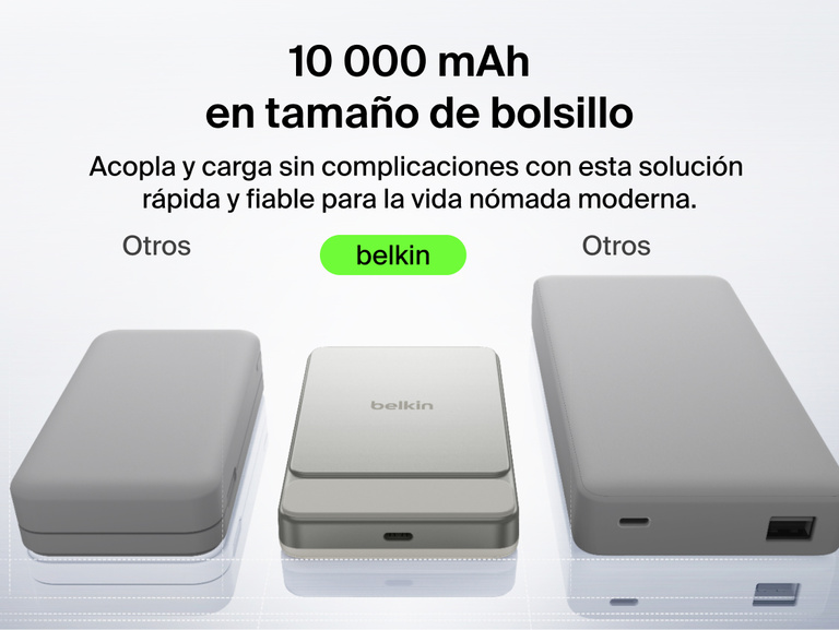 Belkin UltraCharge Slim Magnetic Power Bank 10K highlighting premium aluminum finish, ergonomic grip, soft-touch magnetic surface, digital display, and portable wireless charging design