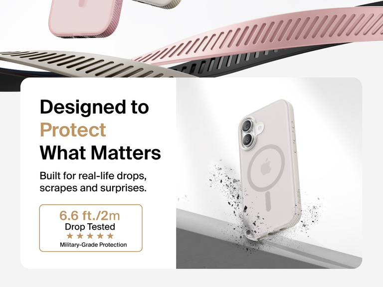 Belkin SheerForce Grip Series Case for iPhone 17 shown with textured grip and impact protection against drops.