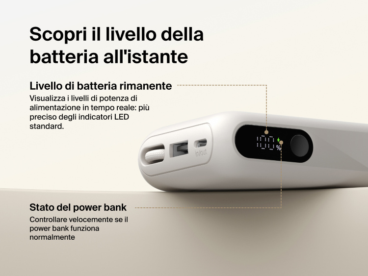 Belkin UltraCharge 10K power bank with integrated USB-C cable and digital display showing real-time battery percentage and charging status