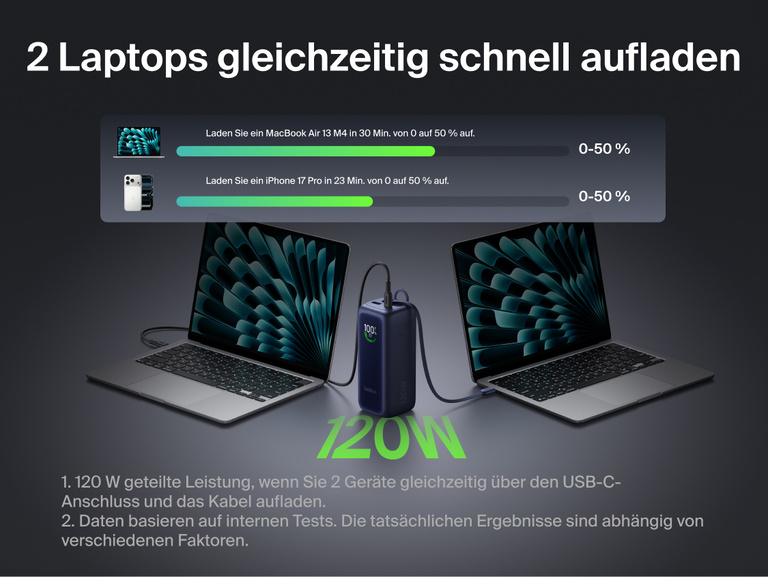 UltraCharge Powerbank 22K mit einziehbarem Kabel, mit ge&ouml;ffnetem Geh&auml;use dargestellt, um die internen Akkuzellen sichtbar zu machen und die Kapazit&auml;t von 22.000 mAh f&uuml;r mehrfaches Aufladen von Laptops und Smartphones zu veranschaulichen.