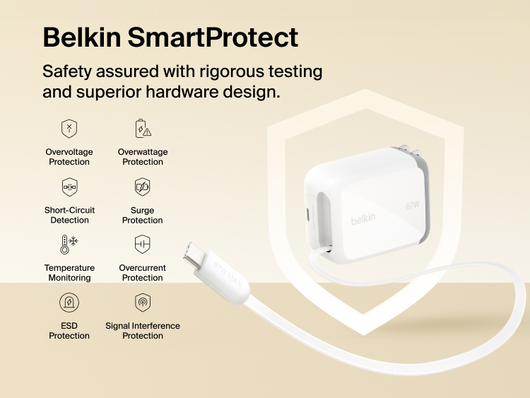 Belkin UltraCharge Retractable GaN Wall Charger 67W with built-in retractable USB-C cable featuring SmartProtect safety system with overvoltage, surge, temperature, and short-circuit protection.