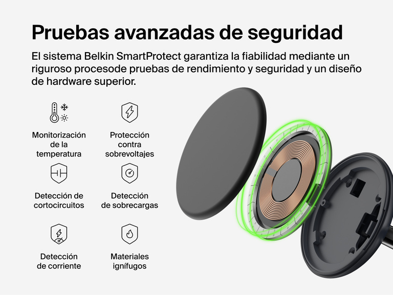 Belkin UltraCharge 3-in-1 Wireless Charging Stand with Qi2 25W exploded view highlighting internal charging components and SmartProtect safety features including temperature monitoring and overvoltage protection