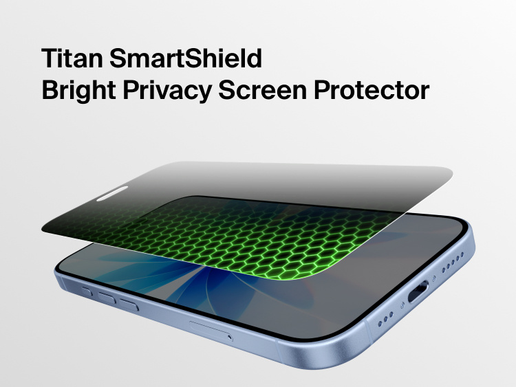 Belkin Titan SmartShield Bright Privacy Screen Protector for iPhone 17 positioned above a smartphone to illustrate protective screen coverage.