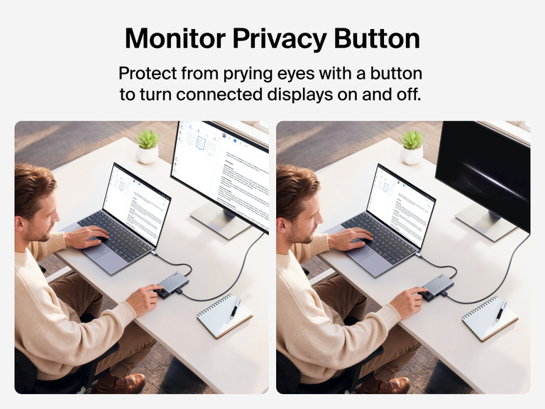 Person using a laptop connected to a Belkin USB-C hub and monitor, demonstrating a monitor privacy button that turns the external display on or off.