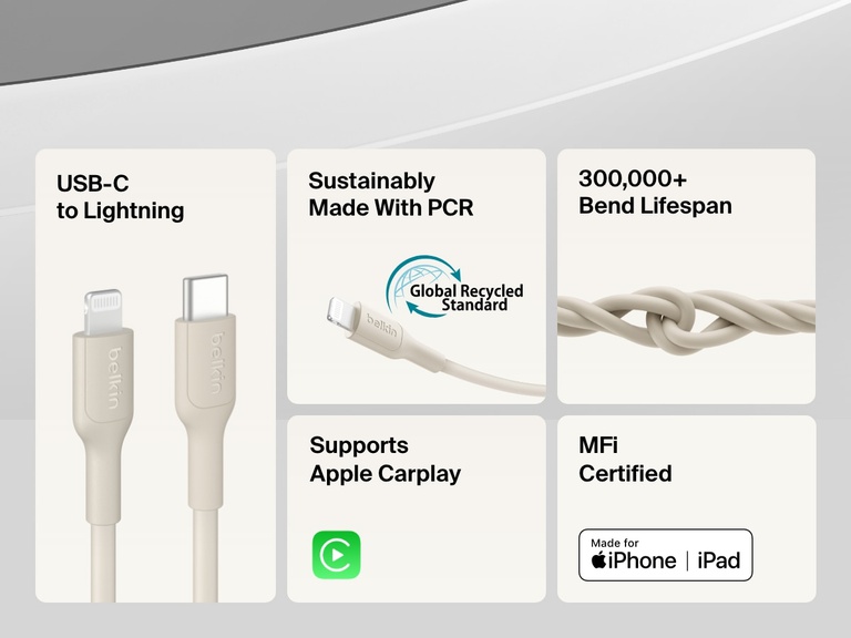 Feature overview of the Belkin BoostCharge USB-C Cable with Lightning Connector, highlighting its MFi certification, Apple CarPlay support, 300,000+ bend lifespan, and use of recycled materials.