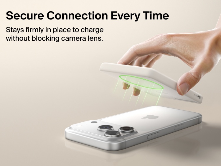 Belkin BoostCharge Slim Magnetic Power Bank 5K with Qi2 featuring a secure magnetic ring that aligns accessories and attaches firmly without obstructing the phone camera.