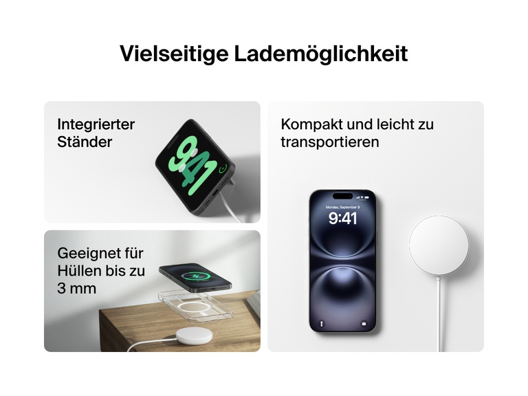 Ein weißes, magnetisches, kabelloses Belkin BoostCharge Pro-Ladegerät mit Qi2 und 15 Watt wird für mehrere Anwendungsfälle gezeigt. Es verfügt über einen aufklappbaren Ständer, ein kompaktes, transportables Design und ist mit Smartphone-Hüllen bis zu 3 mm Dicke kompatibel.