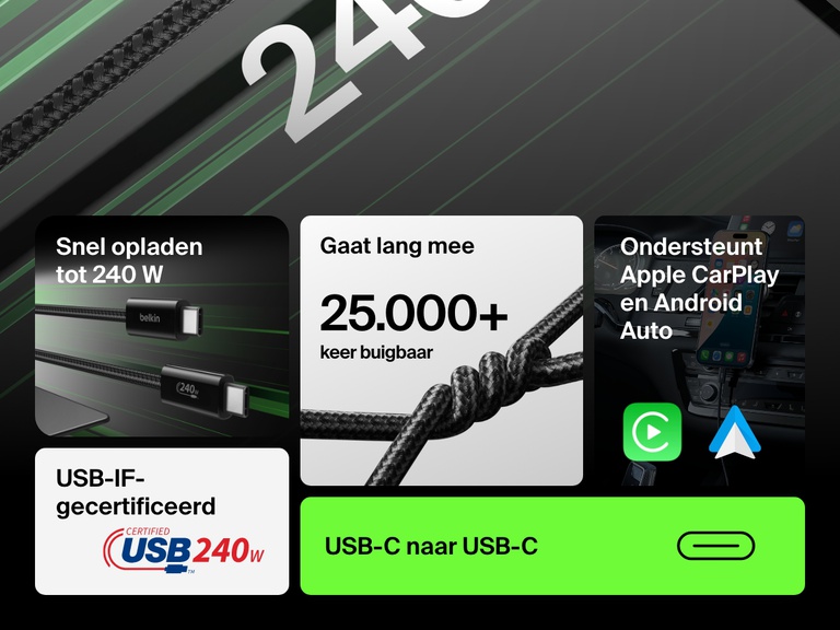 Infographic waarin de Belkin BoostCharge 240 W USB-C naar USB-C-kabel wordt uitgelicht en de volgende voordelen worden benadrukt: snel opladen met maximaal 240 W, meer dan 25.000 keer buigbaar, ondersteuning voor Apple CarPlay en Android Auto, USB-IF-gecertificeerd.