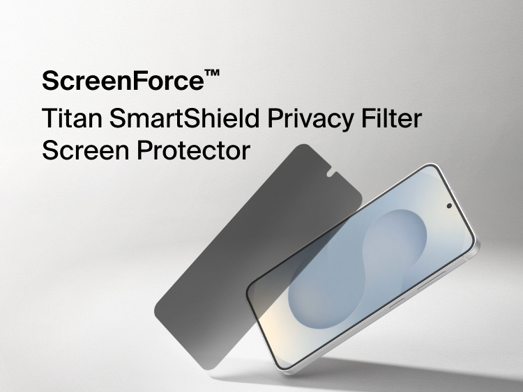 Belkin ScreenForce Titan SmartShield Privacy Filter Screen Protector for Samsung Galaxy S26 shown partially applied to a smartphone, demonstrating edge-to-edge screen coverage and privacy protection that limits side viewing angles.