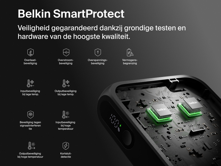 Belkin UltraCharge 10K power bank with integrated USB-C cable and digital display featuring SmartProtect safety system with multiple protection layers for reliable charging