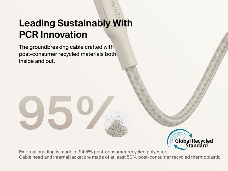 Belkin BoostCharge Pro Braided USB-C to USB-C Cable 60W is sustainably made with 95% post-consumer recycled materials, including 94.5% recycled polyester braiding and a 50% recycled thermoplastic internal jacket.