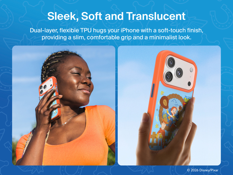 Belkin SheerForce Clear Toy Story 5 protective iPhone case featuring military-grade drop protection, raised edges, and durable translucent design.