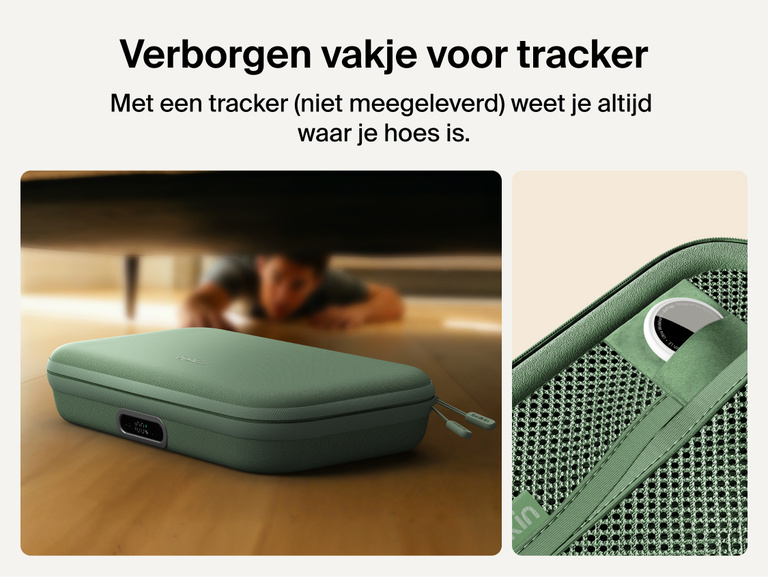 Belkin Gaming Charging Case Pro for Nintendo Switch 2 shown with hidden smart tracker compartment for adding a compatible tracker to help locate the case.