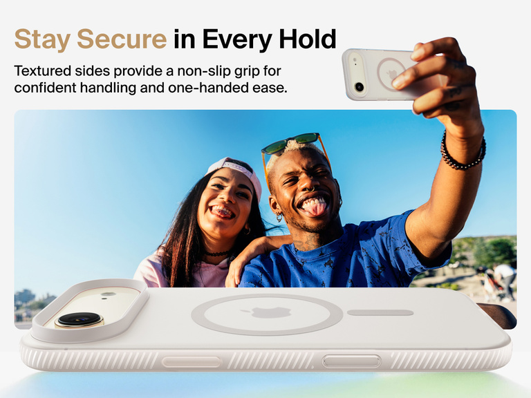 Belkin SheerForce Grip Series Case for iPhone 17 with military-grade drop protection and textured non-slip grip.