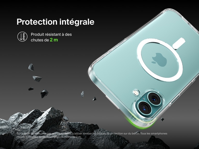 A SheerForce™ Magnetic iPhone Case falling onto a rocky surface, emphasizing its 2-meter drop protection. The text highlights the case's durability and ability to withstand drops from up to 2 meters, based on internal drop tests on concrete. The image conveys a rugged, protective design, ensuring enhanced impact resistance for your iPhone.