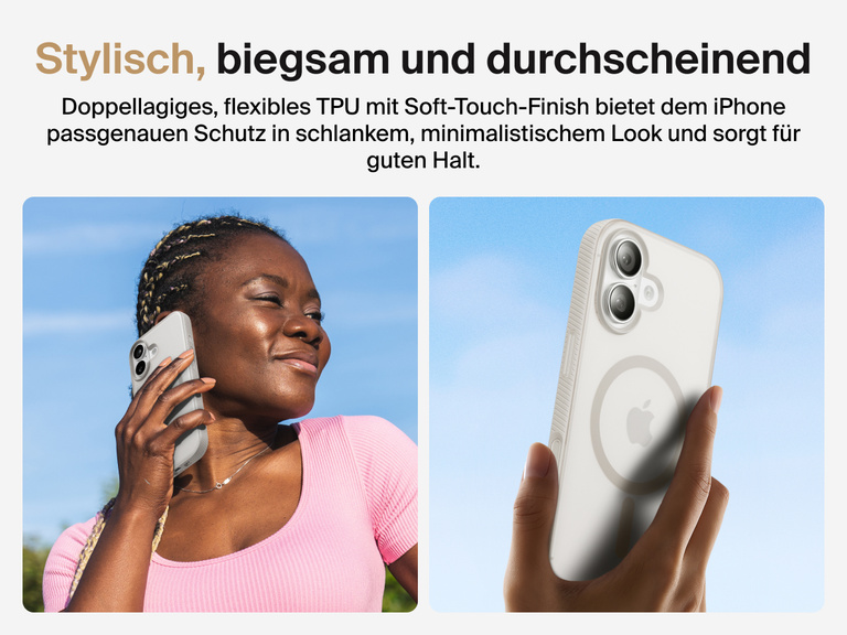 Belkin SheerForce Grip Series Case for iPhone 17 with slim translucent design and soft-touch finish for a comfortable grip.