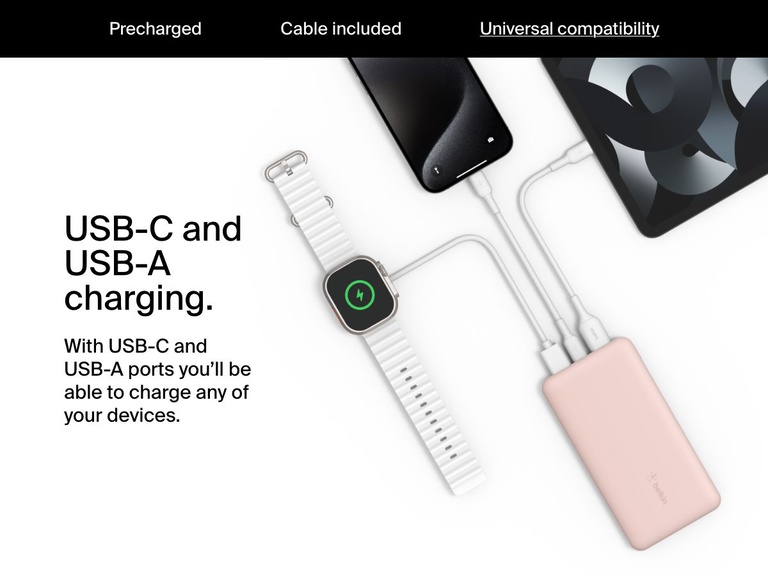 A Belkin BoostCharge Power Bank 10K is shown charging multiple devices, including an Apple Watch, an iPhone, and an iPad, using both USB-C and USB-A ports for universal compatibility.