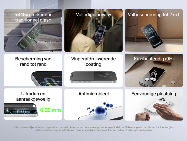 Belkin ScreenForce InvisiGlass Screen Protector for iPhone with up to 18x stronger glass, 9H scratch resistance, 6.5 ft drop protection, ultra-thin 0.29mm design, anti-fingerprint coating, antimicrobial treatment, and easy edge-to-edge application.