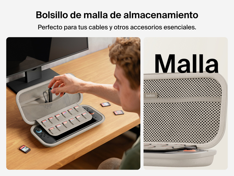 User opens the Belkin Gaming Travel Case for Nintendo Switch 2 to access the mesh utility pocket, ideal for organizing cables and small accessories alongside a 12-slot game card sleeve.