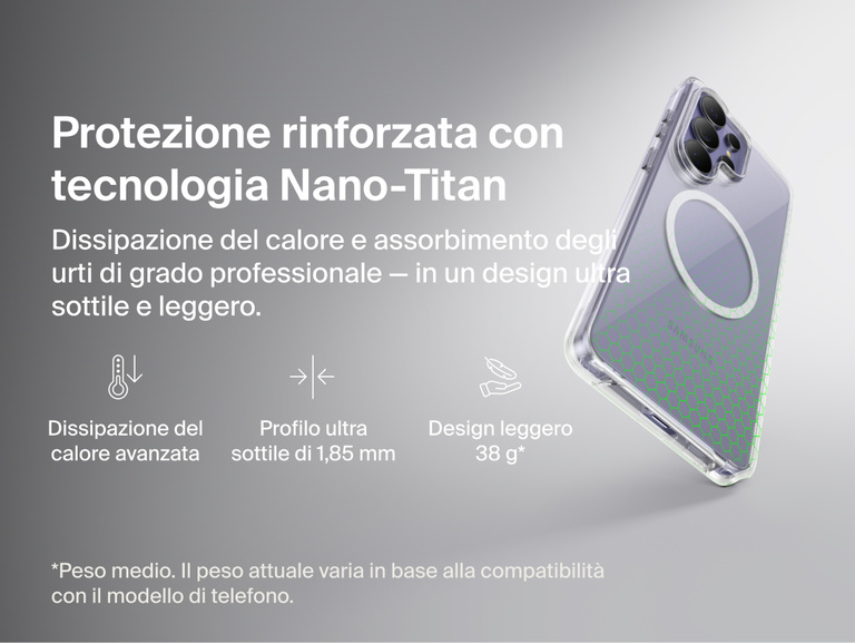 Belkin SheerForce Clear Series Case for Samsung Galaxy S26 shown in close-up, highlighting reinforced Nano-Titan protection with shock absorption, heat dissipation, ultra-slim 1.85 mm profile, and lightweight protective design.