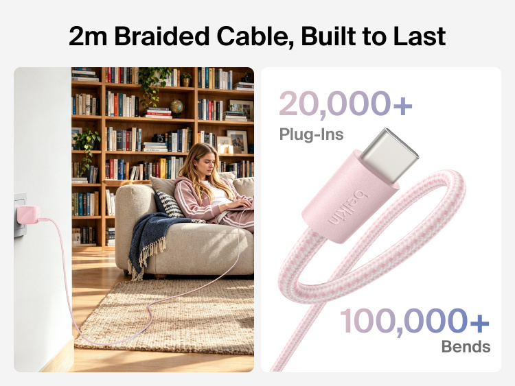 Belkin 2m braided USB-C cable shown charging a laptop with durability tested for more than 20,000 plug-ins and 100,000 bends.
