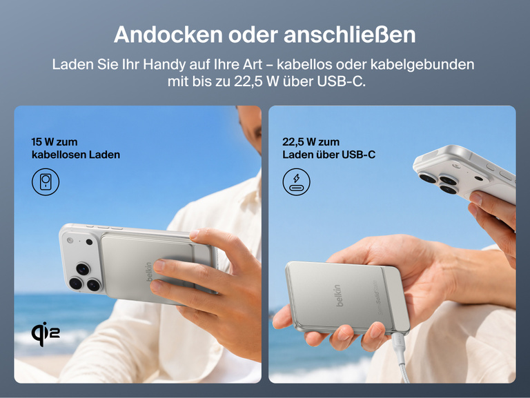 Es wird gezeigt, dass sich die Belkin UltraCharge Pro schlanke magnetische Powerbank 5K mit BoostSolid-Zelle zum kabellosen Laden mit 15W&nbsp;Qi2 und zum kabelgebundenen Laden &uuml;ber USB-C mit 22,5&nbsp;W eignet.