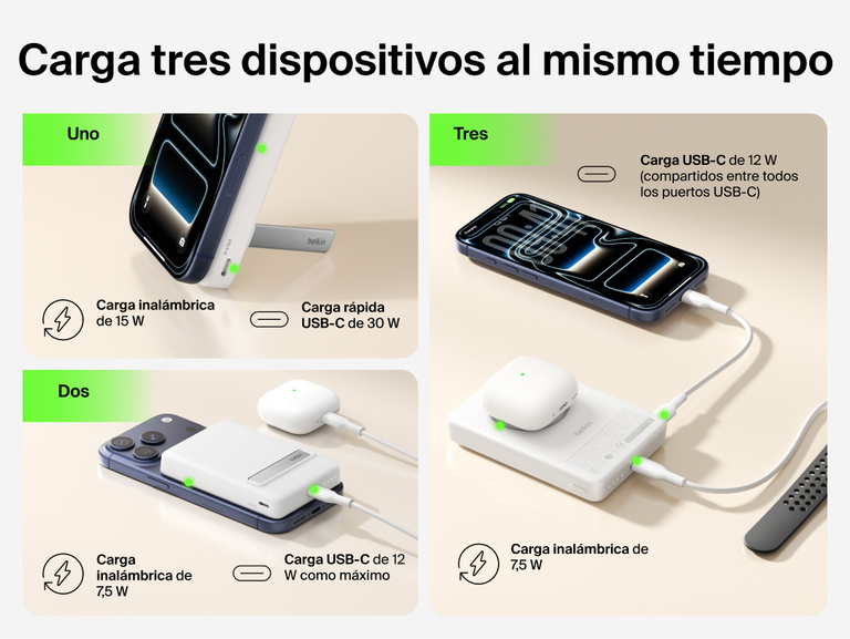 Slim Magnetic Power Bank 10K with Qi2 powering three devices including smartphone, earbuds, and smartwatch at once