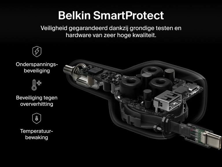 Afbeelding van de Belkin BoostCharge 75W-autolader met uittrekbare kabel en Belkin SmartProtect-technologie, die onderspanningsbeveiliging, beveiliging tegen oververhitting en termperatuurcontrole biedt ten behoeve van veilig opladen.