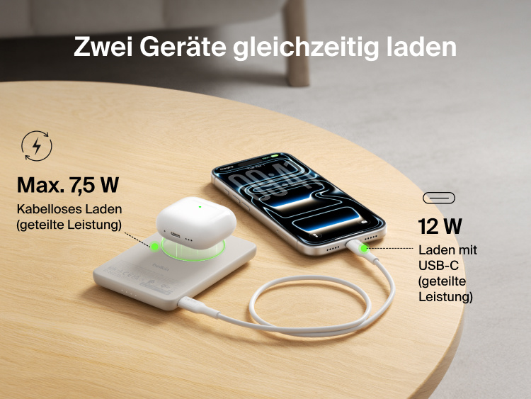 Belkin BoostCharge Slim Magnetic Power Bank 5K with Qi2 charging two devices simultaneously using magnetic wireless charging and USB-C wired output for shared power.