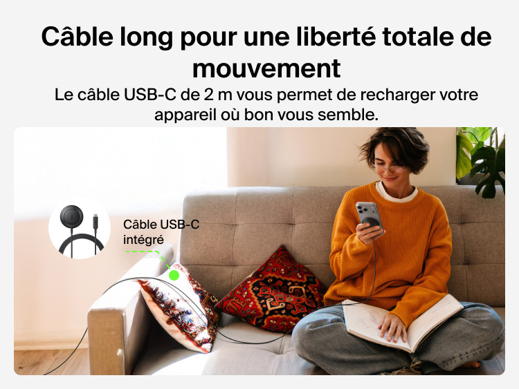 Image du chargeur magn&eacute;tique Qi2 25 W Belkin UltraCharge avec un c&acirc;ble long de 2&nbsp;m permettant une recharge confortable d'un appareil mobile, partout dans la pi&egrave;ce.