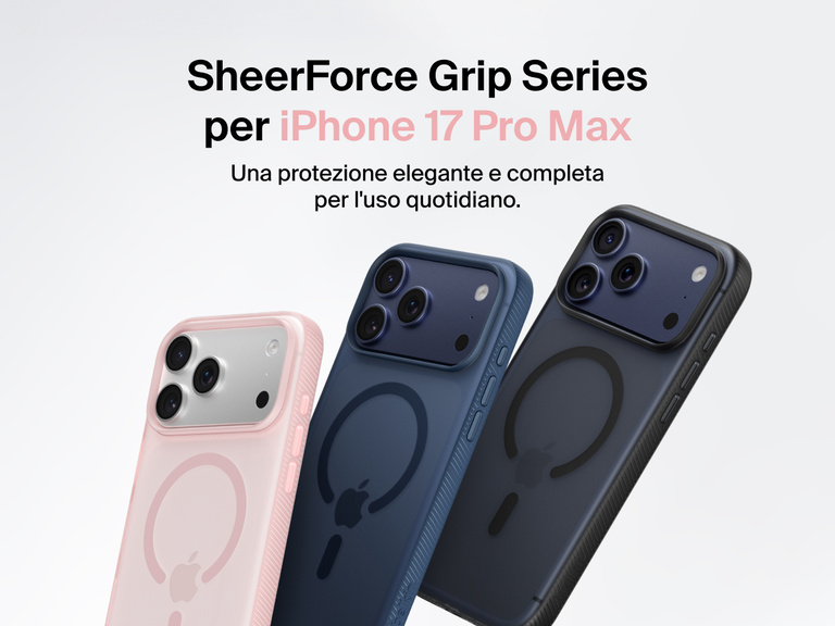 Belkin SheerForce Grip Series protective case for iPhone 17 shown in pink, clear, and black with slim design and MagSafe compatibility.