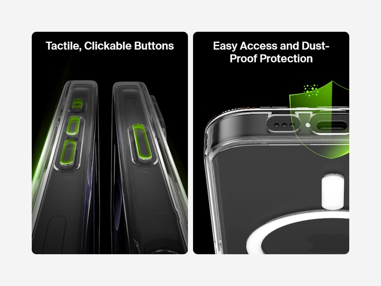 SheerForce™マグネット式iPhoneケースの触覚的なクリック可能なボタンと防塵保護機能を紹介する2つの画像。左の画像は、応答性が高く、押し心地がよい精密に設計されたボタンを示しています。右の画像は、ほこりやゴミの蓄積を防ぎながら簡単にアクセスできる防塵ポートのカットアウトに焦点を当てています。