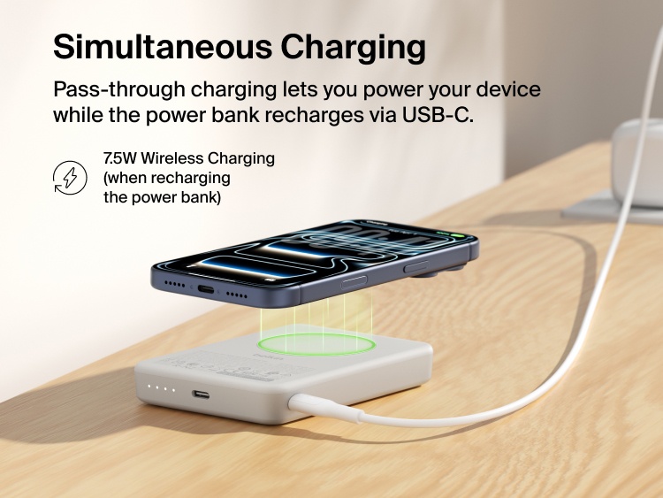 Belkin BoostCharge Slim Magnetic Power Bank 10K demonstrating pass-through charging with a smartphone wirelessly charging at 7.5W while the power bank recharges via USB-C
