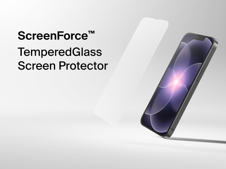 Belkin ScreenForce TemperedGlass screen protector for iPhone 17e shown with transparent glass overlay and angled smartphone display on a clean white background