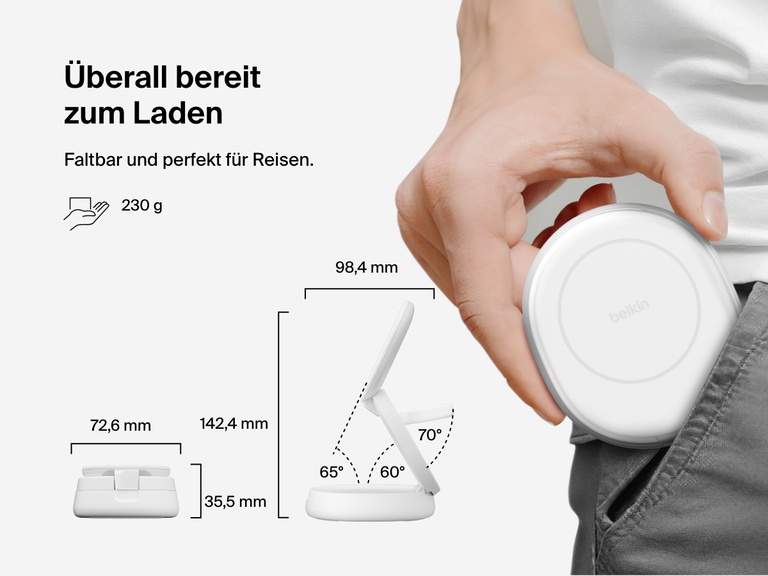 Belkin BoostCharge kompakte, magnetische 3-in-1-Ladestation wird gefaltet zum einfachen Mitnehmen gezeigt und es werden ihre kompakte Größe, ihr leichtes Gewicht von 230 g und die anpassbaren Blickwinkel veranschaulicht.
