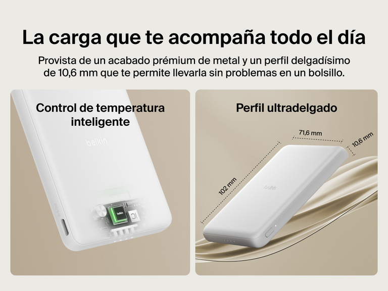 Belkin BoostCharge Slim Magnetic Power Bank 5K shown with smart thermal control and ultra-slim 0.5-inch profile designed for portable, pocket-friendly charging.