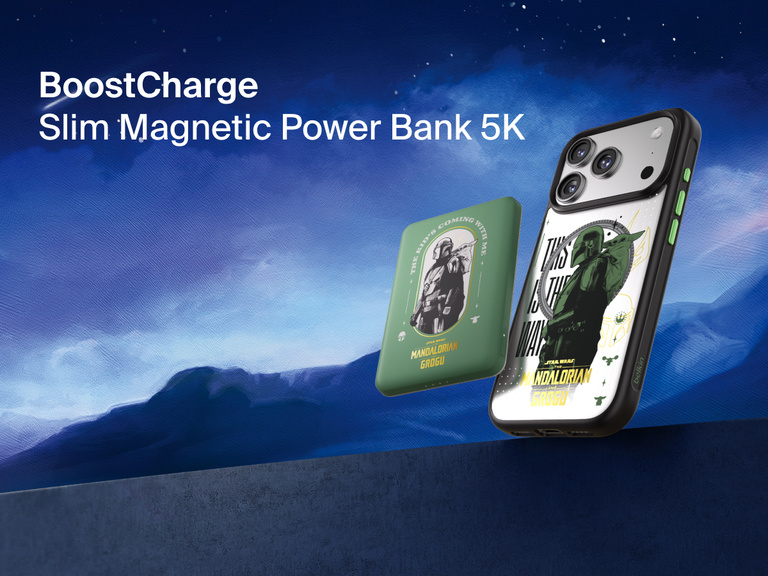 Belkin BoostCharge Slim Magnetic Power Bank 5K shown magnetically attached to a smartphone beside a slim wallet accessory, highlighting its compact portable charging design.
