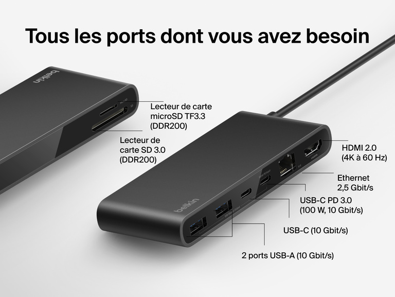 Hub USB-C Belkin Connect avec 8&nbsp;ports dont un port Ethernet 2,5&nbsp;Gbit/s pr&eacute;sent&eacute; sur une image avec tous ses ports visibles et notamment le port HDMI&nbsp;2.0 4K &agrave; 60&nbsp;Hz, le port USB-C&nbsp;PD (100&nbsp;W, 10&nbsp;Gbit/s), les 2&nbsp;ports USB-A (10&nbsp;Gbit/s), les lecteurs de cartes SD et microSD et le port Ethernet.
