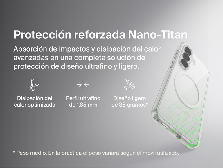 Belkin SheerForce Clear Series Case for Samsung Galaxy S26 shown in close-up, highlighting reinforced Nano-Titan protection with shock absorption, heat dissipation, ultra-slim 1.85 mm profile, and lightweight protective design.
