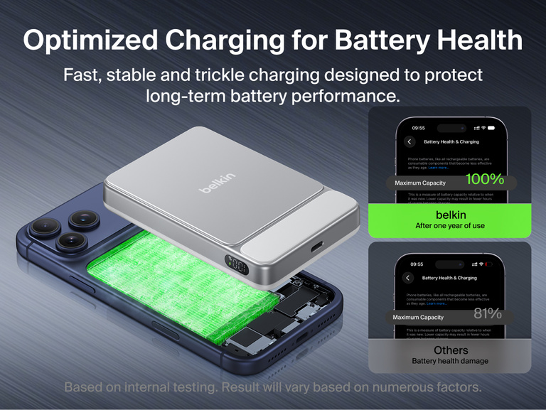 Belkin UltraCharge Slim Magnetic Power Bank 10K highlighting dual chip system, advanced temperature sensors, and real-time monitoring for enhanced charging safety and protection
