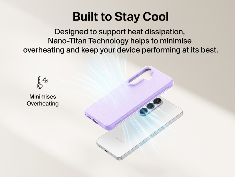 Belkin SheerForce Protect Series Case for Samsung Galaxy S26 shown supporting heat dissipation with Nano-Titan technology to minimize overheating and maintain everyday device performance.