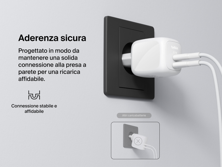 Immagine del doppio caricabatteria da parete GaN USB-C da 67 W BoostCharge Pro Belkin, collegato a una presa di corrente, a dimostrarne la connessione sicura e stabile per garantire prestazioni di ricarica affidabili.
