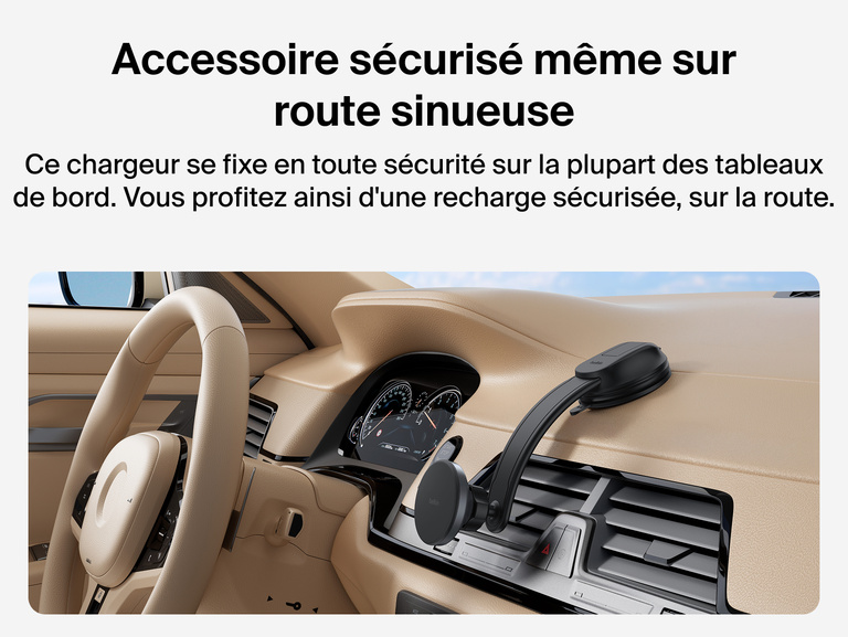 Belkin BoostCharge Magnetic Wireless Charging Car Vent and Dash Mount shown secured to a car dashboard with gel adhesive, highlighting compatibility with vegan leather, wood, plastic, and metal surfaces.