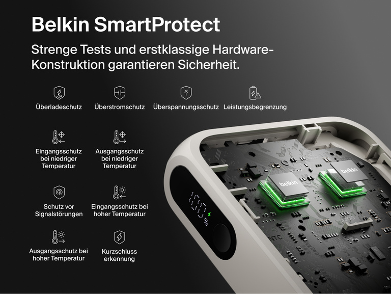 Belkin UltraCharge 20K 45W power bank with integrated cable featuring SmartProtect safety system with multi-layer protection for secure and reliable charging