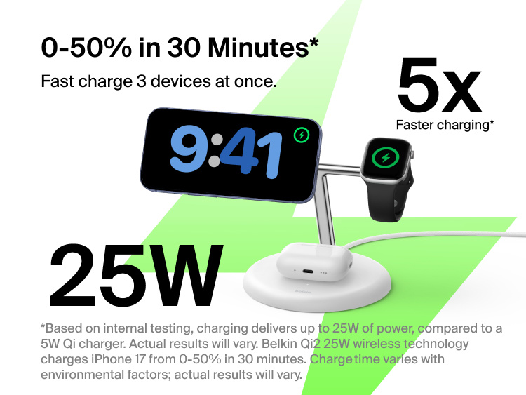 Belkin UltraCharge 3-in-1 Wireless Charging Stand with Qi2 25W charging iPhone, Apple Watch, and AirPods simultaneously on a compact vertical dock