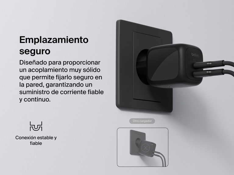 Se muestra un cargador de pared doble USB-C GaN de 67 W Belkin BoostCharge Pro conectado a una toma de corriente, destacando una conexión estable que ofrece un rendimiento de carga de pared fiable.