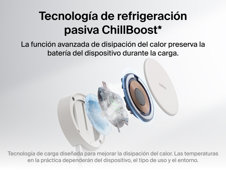 El cargador magn&eacute;tico convertible 2 en 1 con Qi2 de 25 W Belkin UltraCharge incluye tecnolog&iacute;a de refrigeraci&oacute;n pasiva ChillBoost que mejora la disipaci&oacute;n del calor y contribuye a la preservaci&oacute;n de las bater&iacute;as de los dispositivos mientras estos se recargan por carga r&aacute;pida inal&aacute;mbrica.