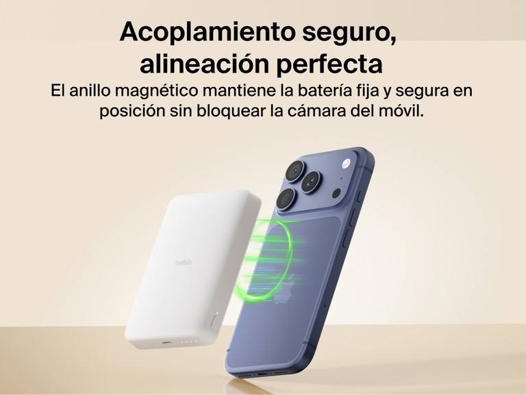 Belkin BoostCharge Slim Magnetic Power Bank 10K magnetically aligning to a smartphone for secure hold and wireless charging without blocking the camera