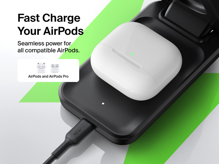 Belkin UltraCharge 3-in-1 Foldable Magnetic Charger with Qi2 25W provides fast wireless charging for AirPods and AirPods Pro with seamless compatibility.